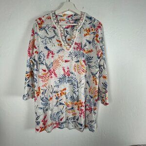 Chico's Womens Linen Nautical Embellished Tunic Top Size 2 US Large White Orange